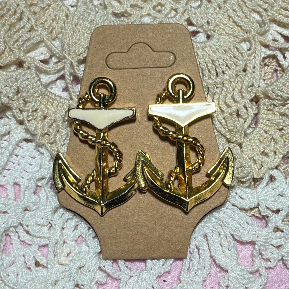 Nautical Gold and Cream Anchor Earrings